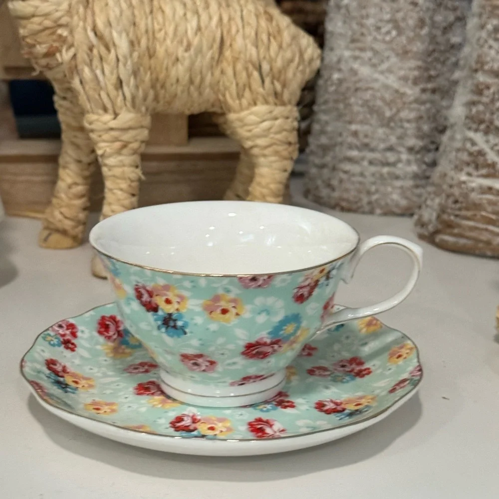 Grace Floral China Teacup and Saucer Set - Blue and Multicolor (4)